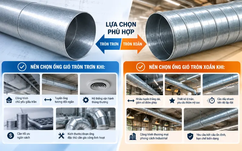 Khi nào nên chọn ống gió tròn trơn, khi nào nên chọn ống gió tròn xoắn?