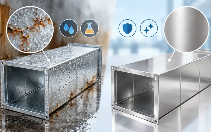 So sánh ống gió tôn mạ kẽm và ống gió inox về độ bền và khả năng chống ăn mòn