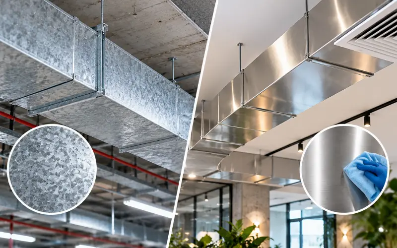 So sánh ống gió tôn mạ kẽm và ống gió inox về tính thẩm mỹ và khả năng vệ sinh